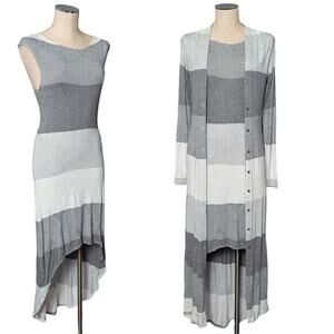 THREE 3 DOTS Soft Dress and Cardigan layered set outfit gray print Medium M